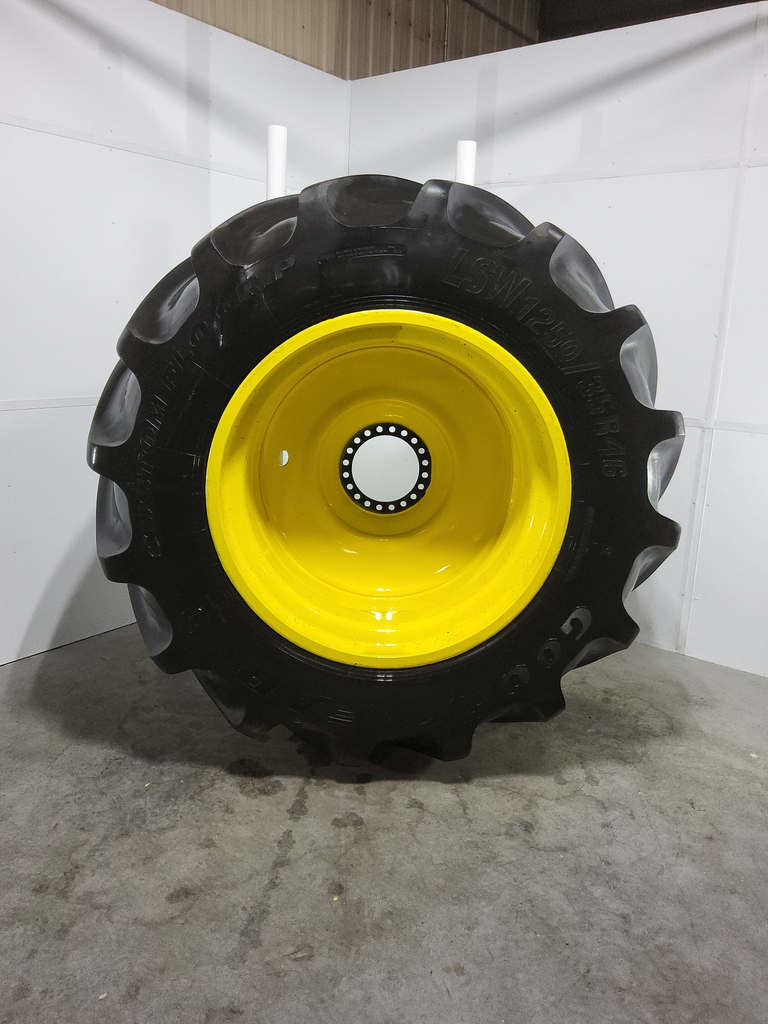 LSW 1250/35R46 Goodyear Farm Custom Flo Grip R-2 on John Deere Yellow 20-Hole Formed Plate 90%