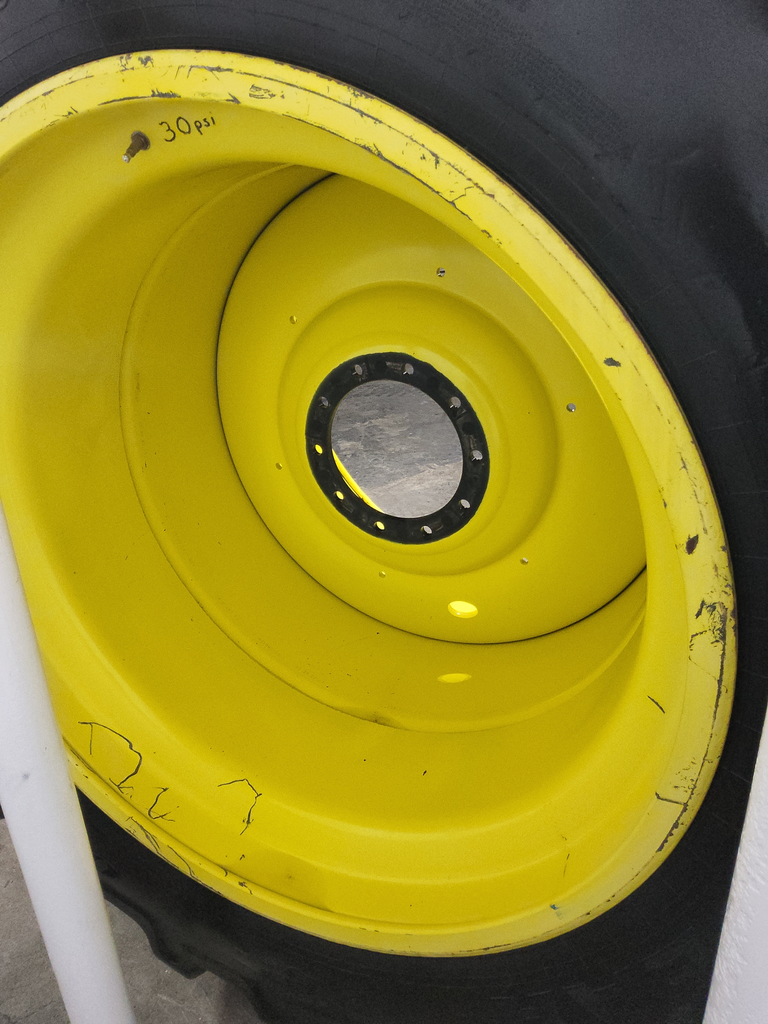 LSW 1250/35R46 Goodyear Farm DT830 Optitrac R-1W on John Deere Yellow 10-Hole Formed Plate 80%