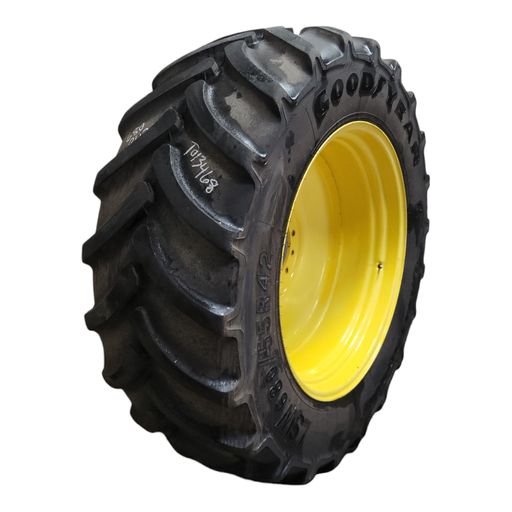 [T013469] LSW 680/55R42 Goodyear Farm OptiTorque R-1 on John Deere Yellow 12-Hole Formed Plate Sprayer 75%